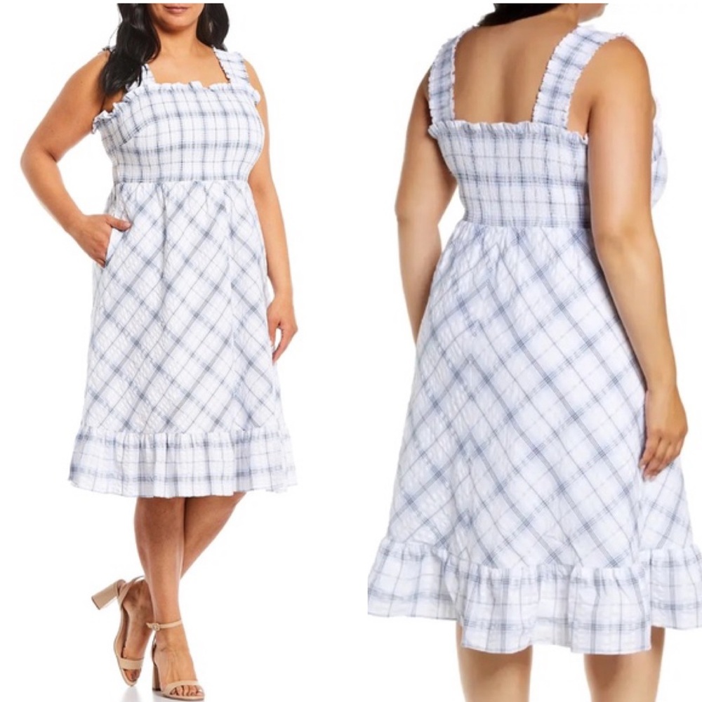 Eliza J Smocked Plaid Ruffle Midi Dress SZ 18W Blue White Sleeveless Sundress